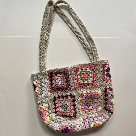 Handmade Granny Square Crocheted Purse Market Bag Grey Purple Pink Green - Picture 2 of 4